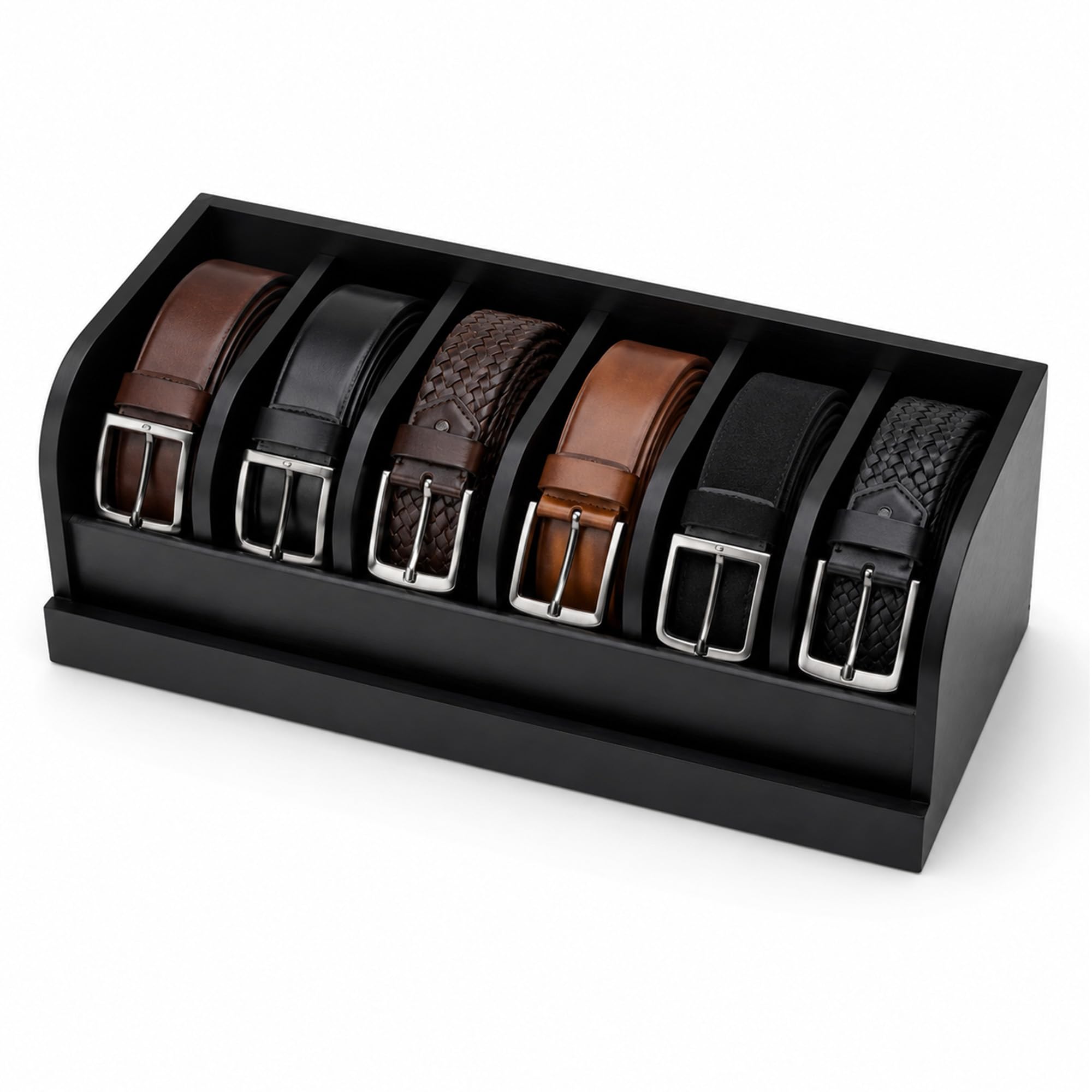 MinBoo front view of black bamboo belt organizer showing neat display and easy access