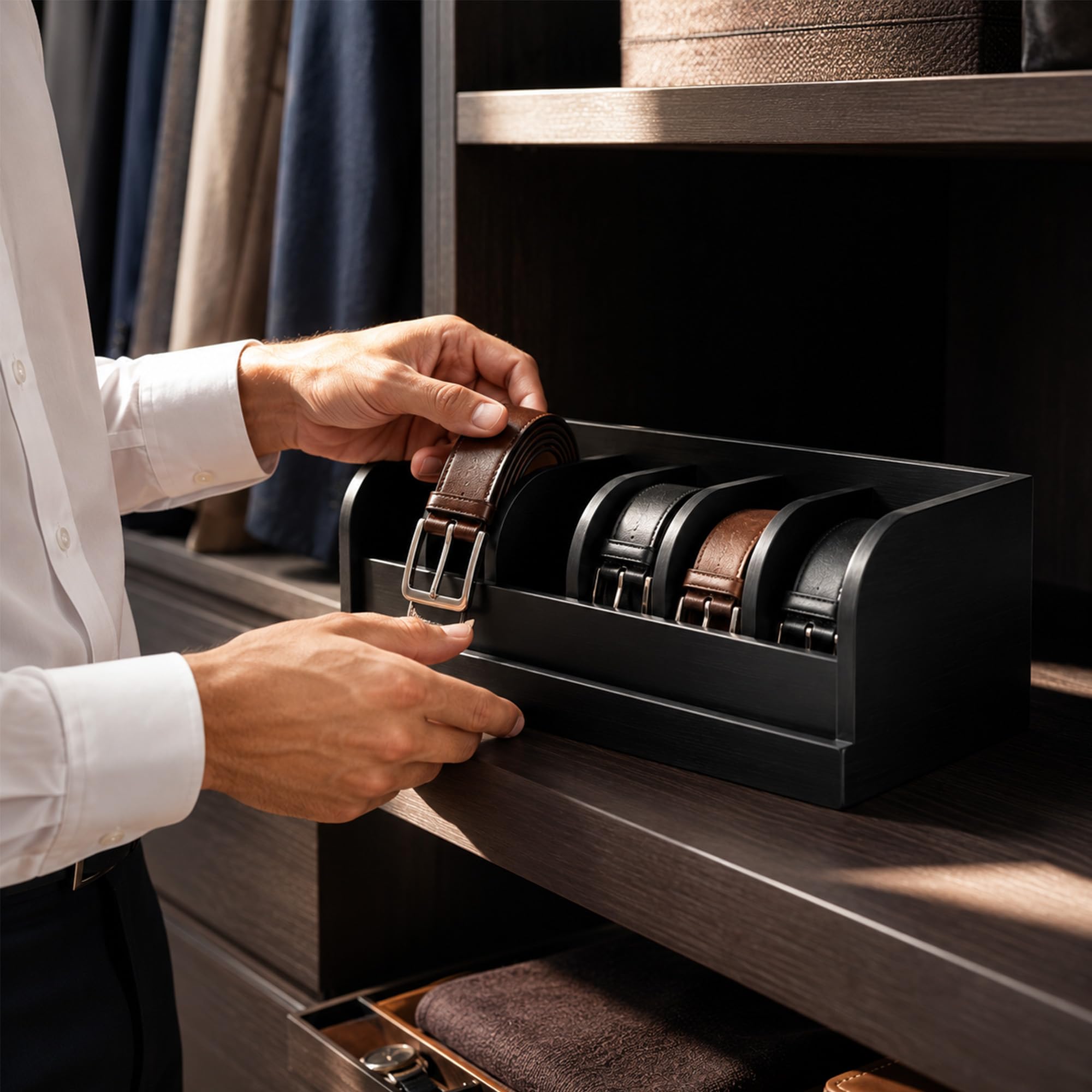 MinBoo organizer with rolled belts in place for quick outfit selection benefit