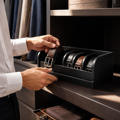 MinBoo organizer with rolled belts in place for quick outfit selection benefit