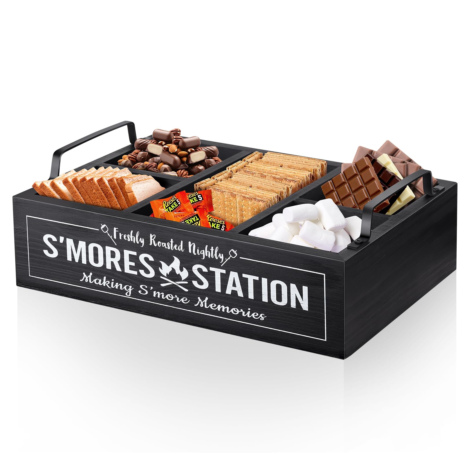 MINCORD front view of s'mores station showing five compartments and lettering, tidy display