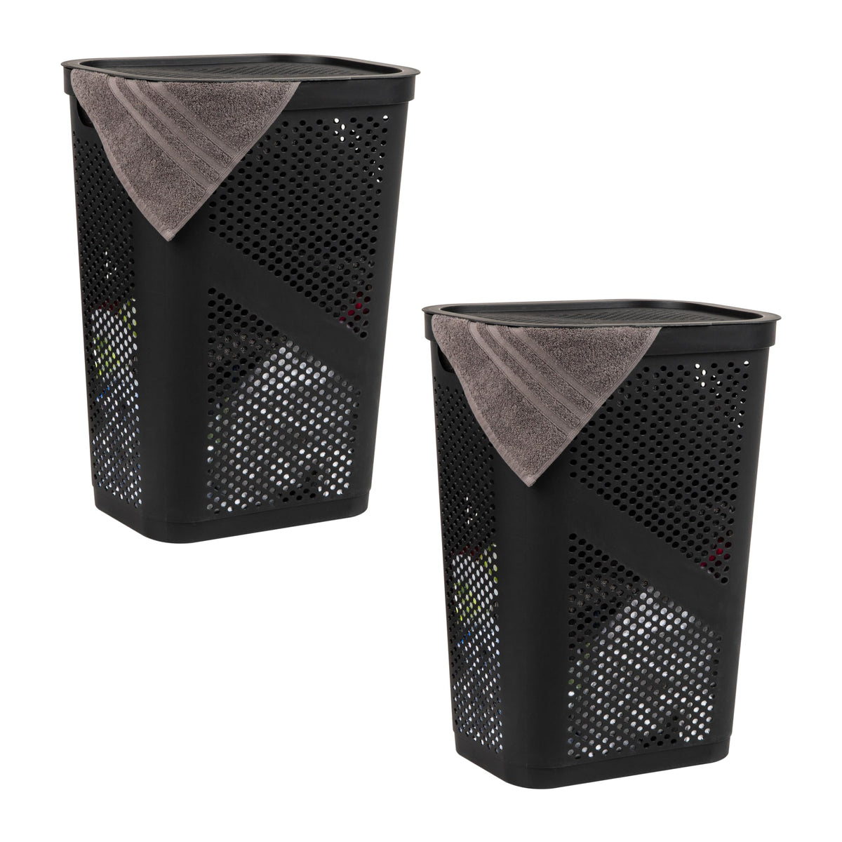 Mind Reader front view of both black hampers showing organized storage benefit