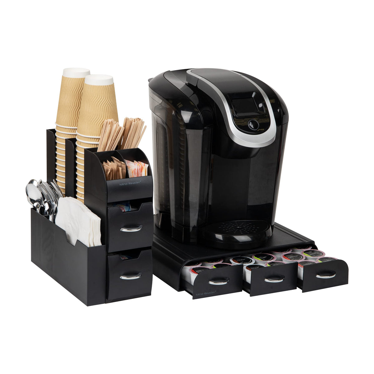Mind Reader front view of pod drawer and condiment caddy for tidy coffee setup