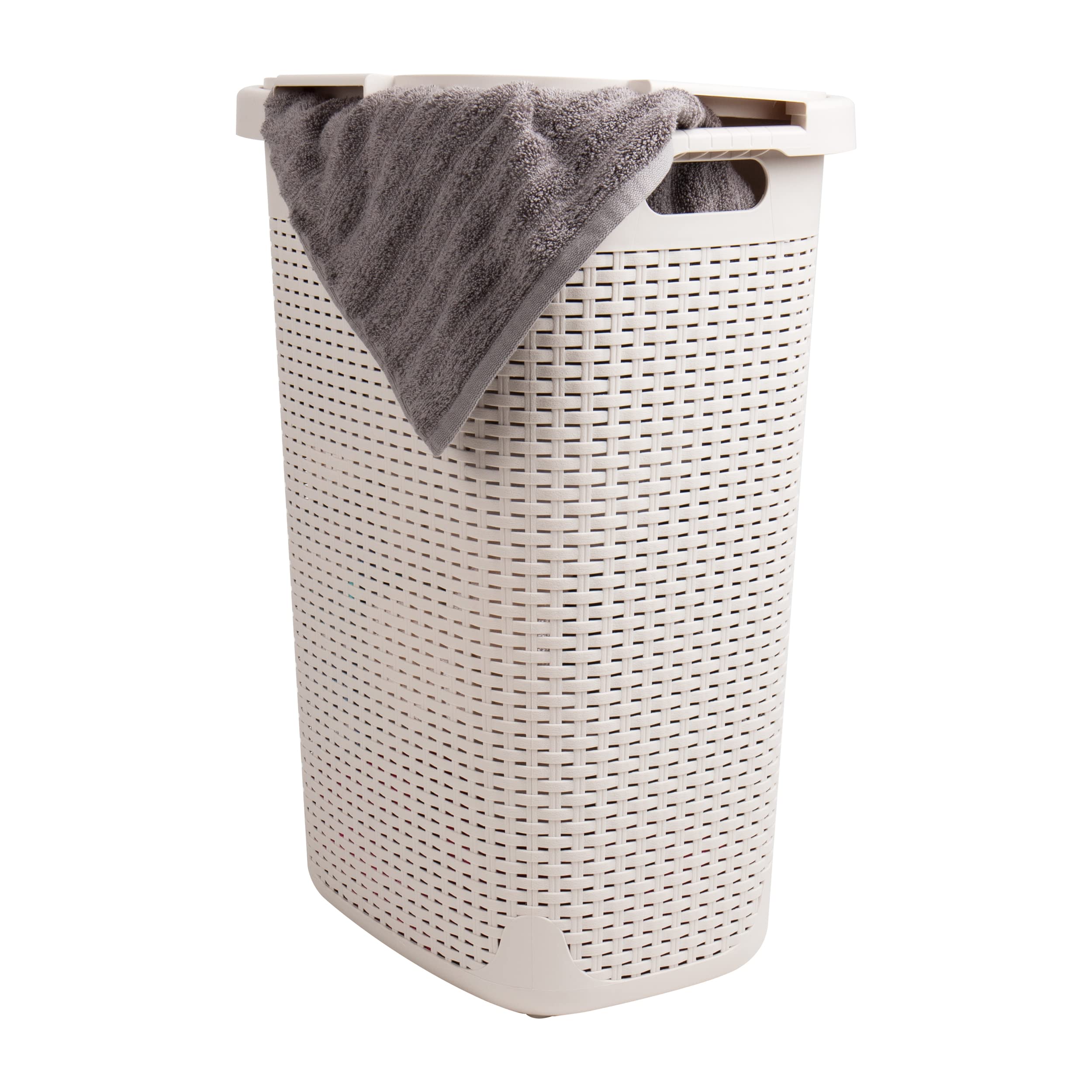 Mind Reader slim hamper front view shows tall ivory profile and concealed laundry benefit