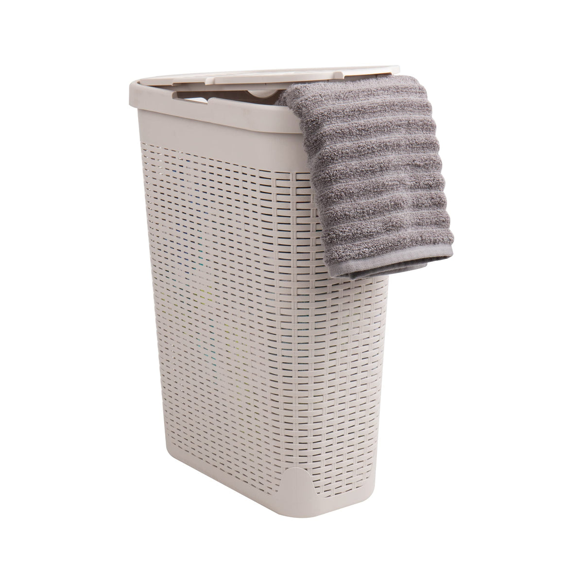 Mind Reader hamper front view showing slim shape and tidy storage benefits