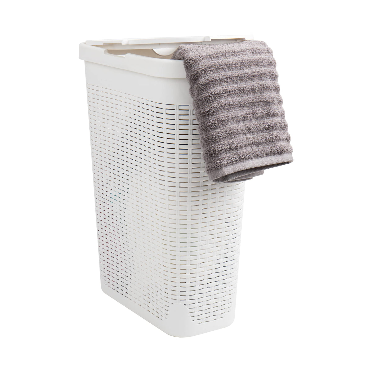 Mind Reader front view of slim white hamper showing shape and lid, saves space