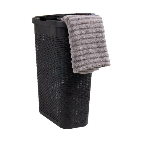 Mind Reader front view of slim black hamper shows compact space-saving benefit