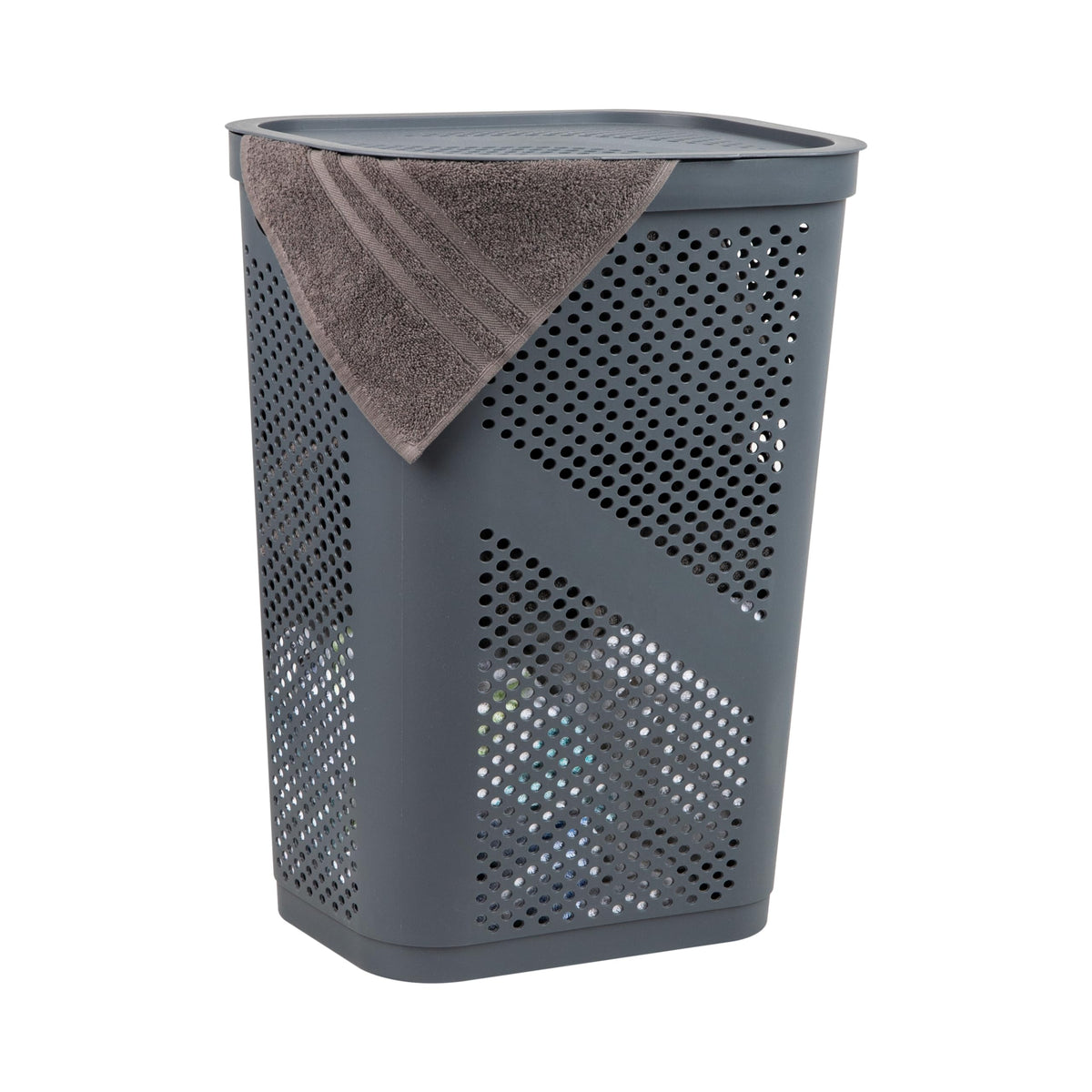 Mind Reader front view gray hamper showing slim shape and lid benefit