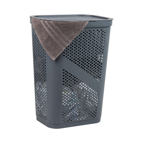 Mind Reader front view gray hamper showing slim shape and lid benefit
