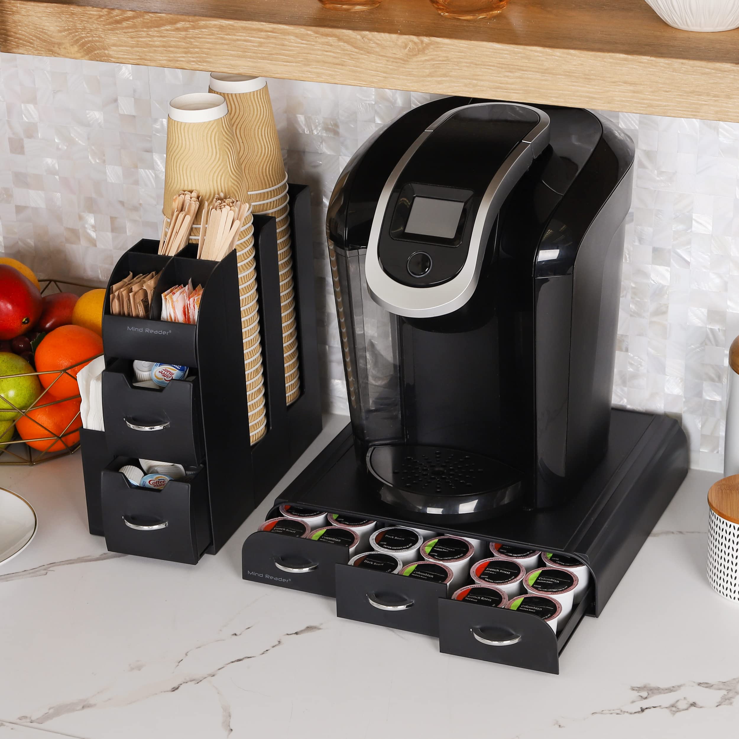 Mind Reader on kitchen counter with brewer demonstrating space-saving benefits