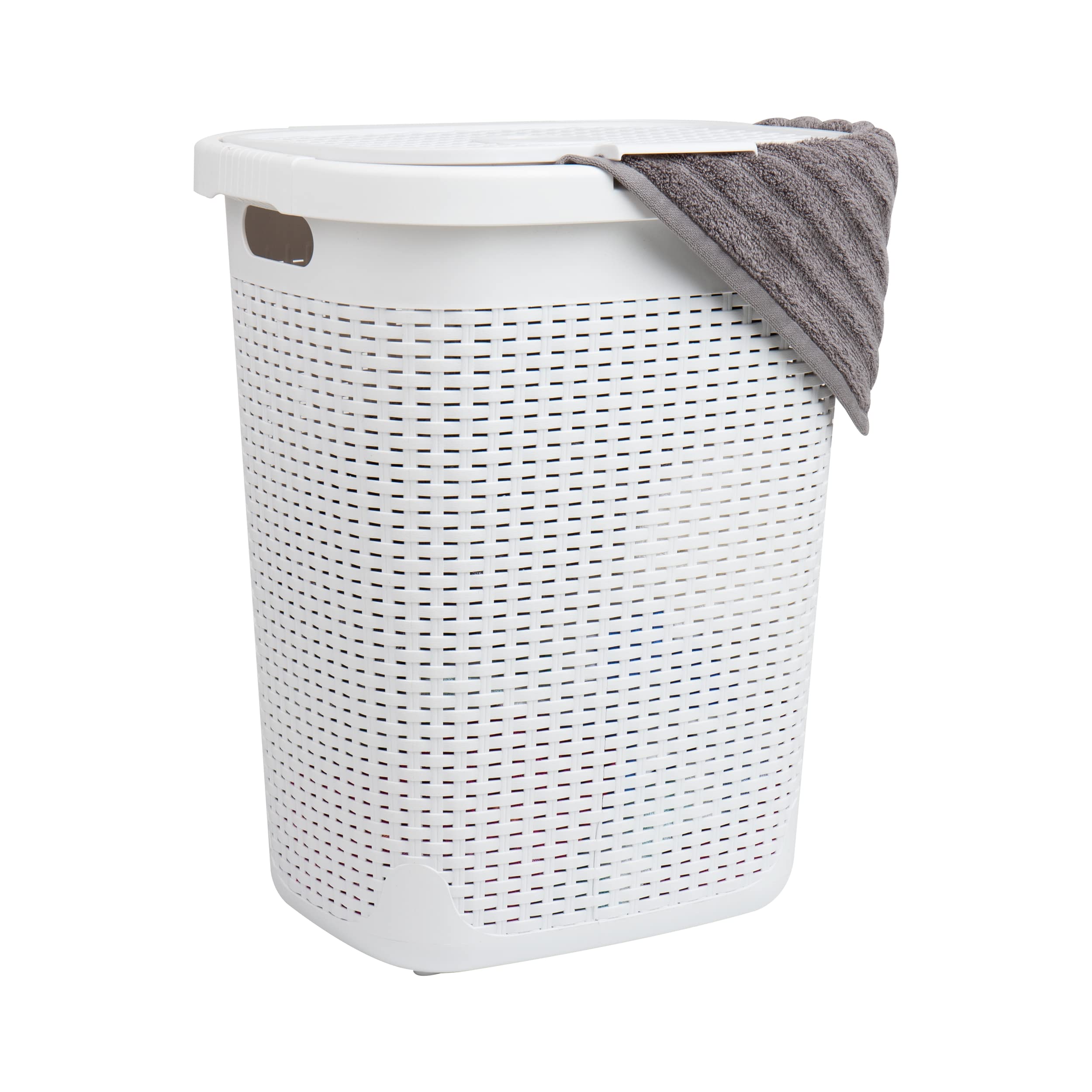 Mind Reader slim front view showing tapered shape and white wicker finish, saves floor space