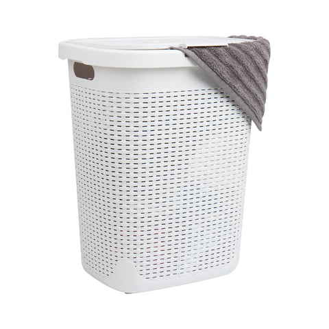 Mind Reader slim front view showing tapered shape and white wicker finish, saves floor space