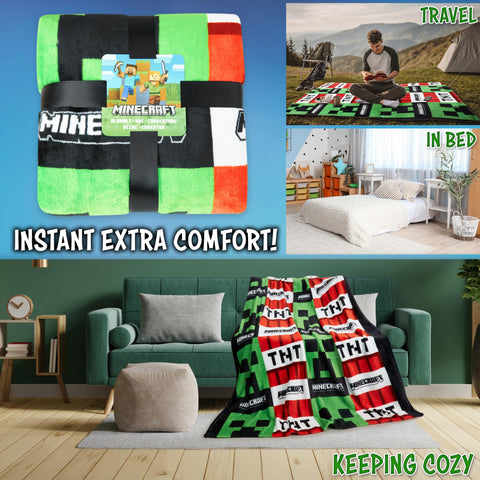 Minecraft blanket draped on bed adding gamer-themed color and warmth