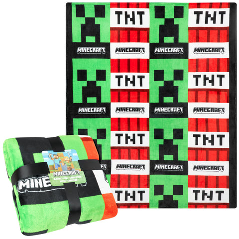 Minecraft blanket front view showing Creeper and TNT design for bold decor