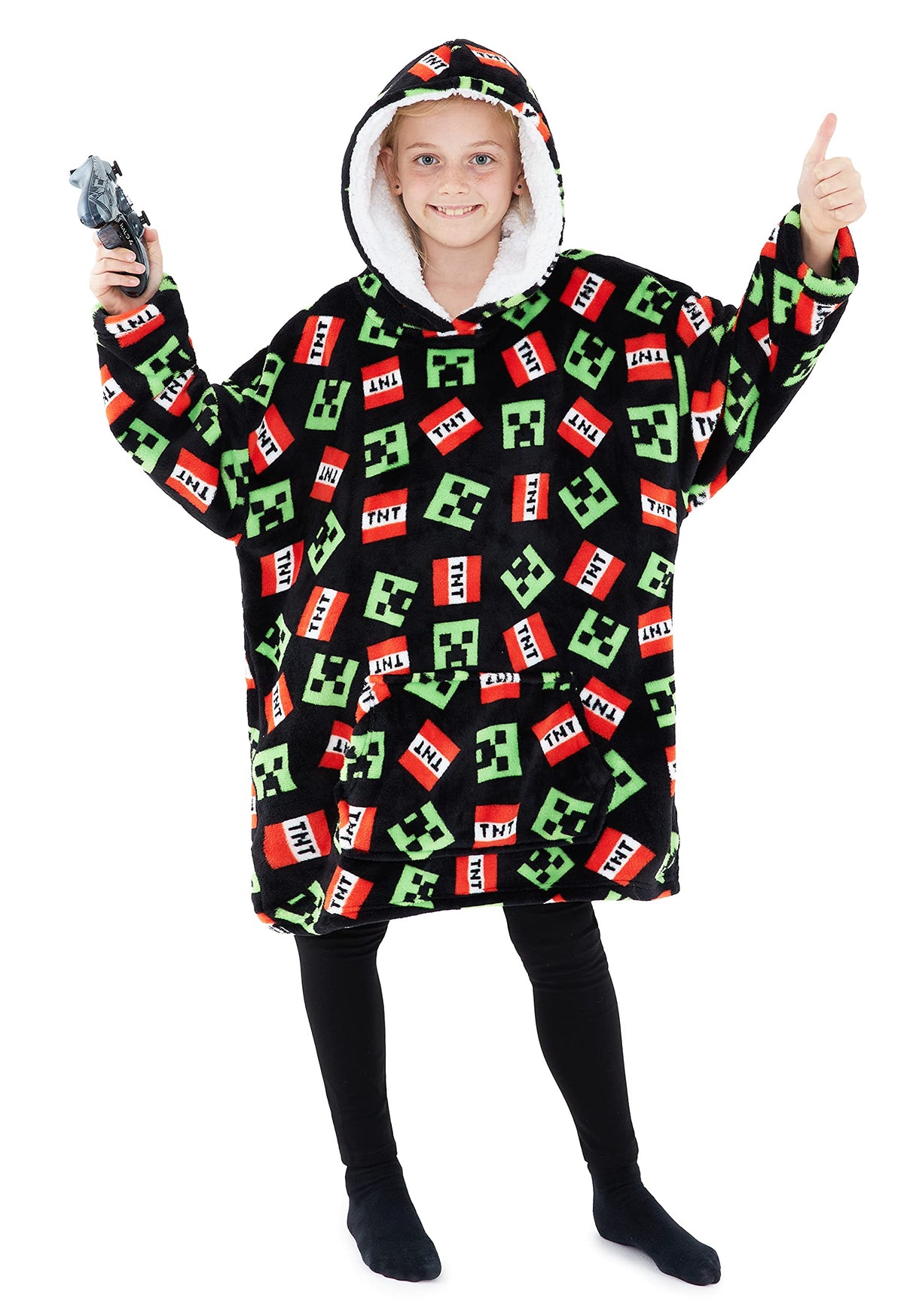 Minecraft blanket hoodie front view showing bold graphics and cozy fit