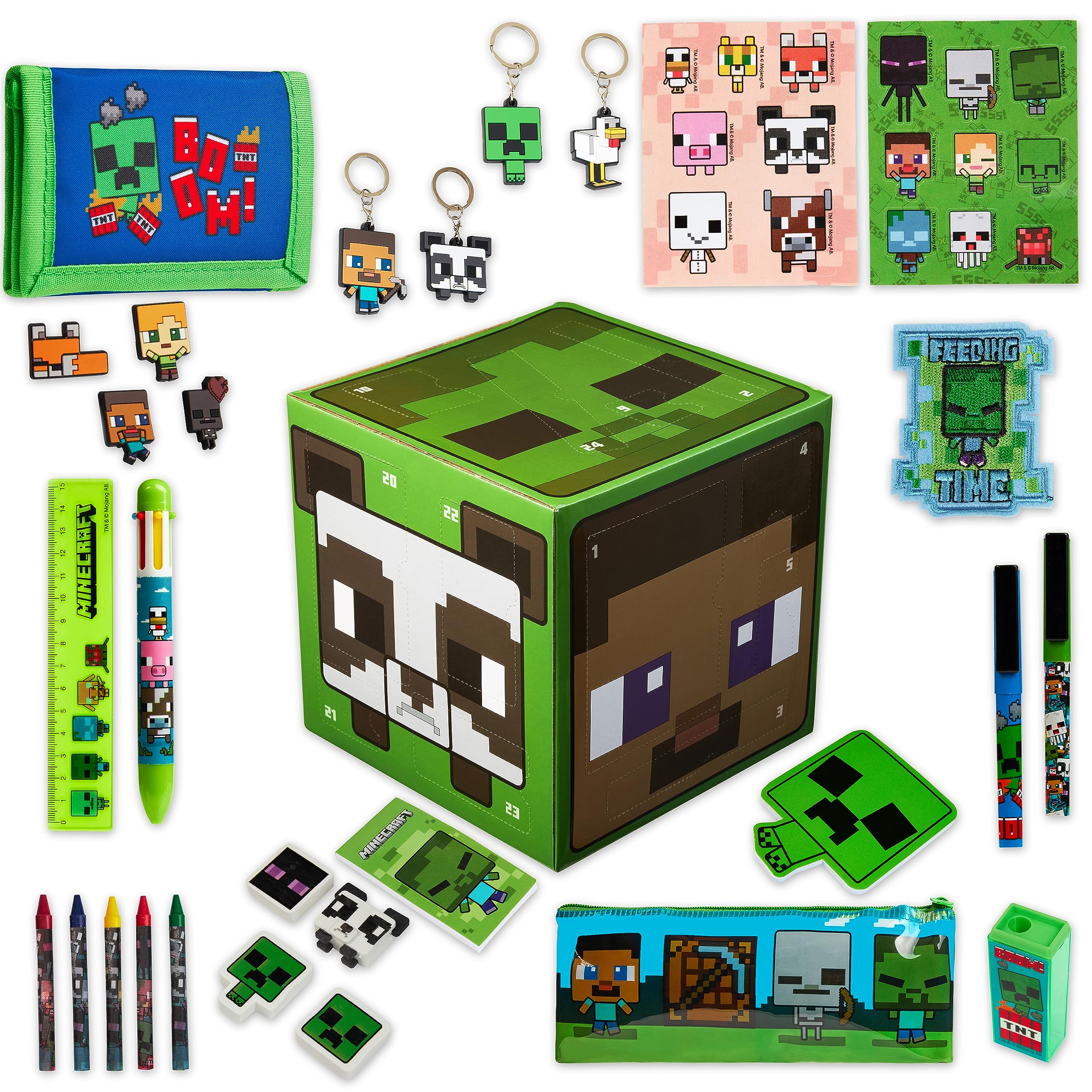 Minecraft creeper cube front packaging showing countdown and branding benefits display