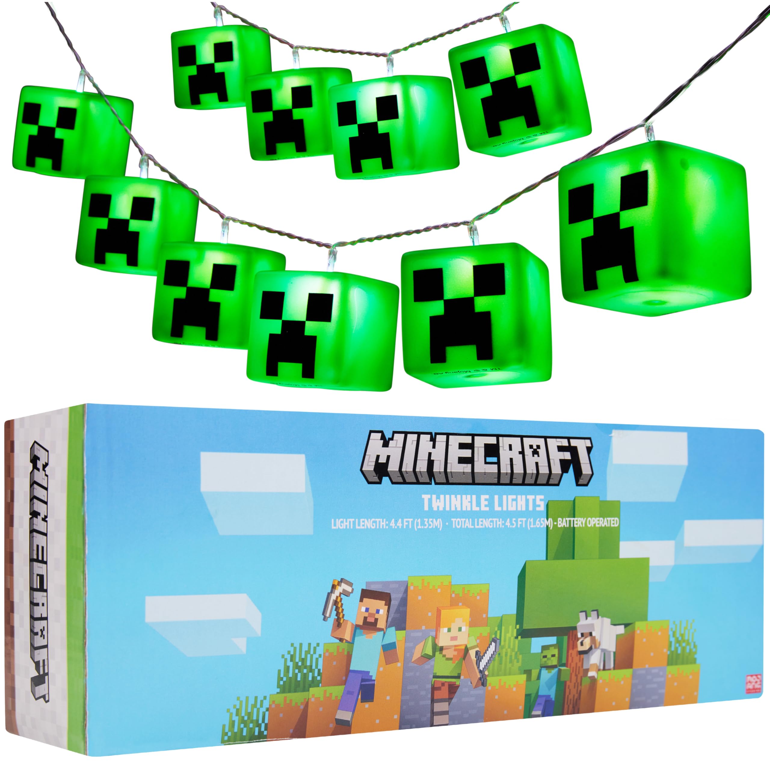 Minecraft Creeper string lights front packaging showing product and benefits