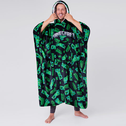 Minecraft hoodie blanket worn by model ideal for lounging and gaming
