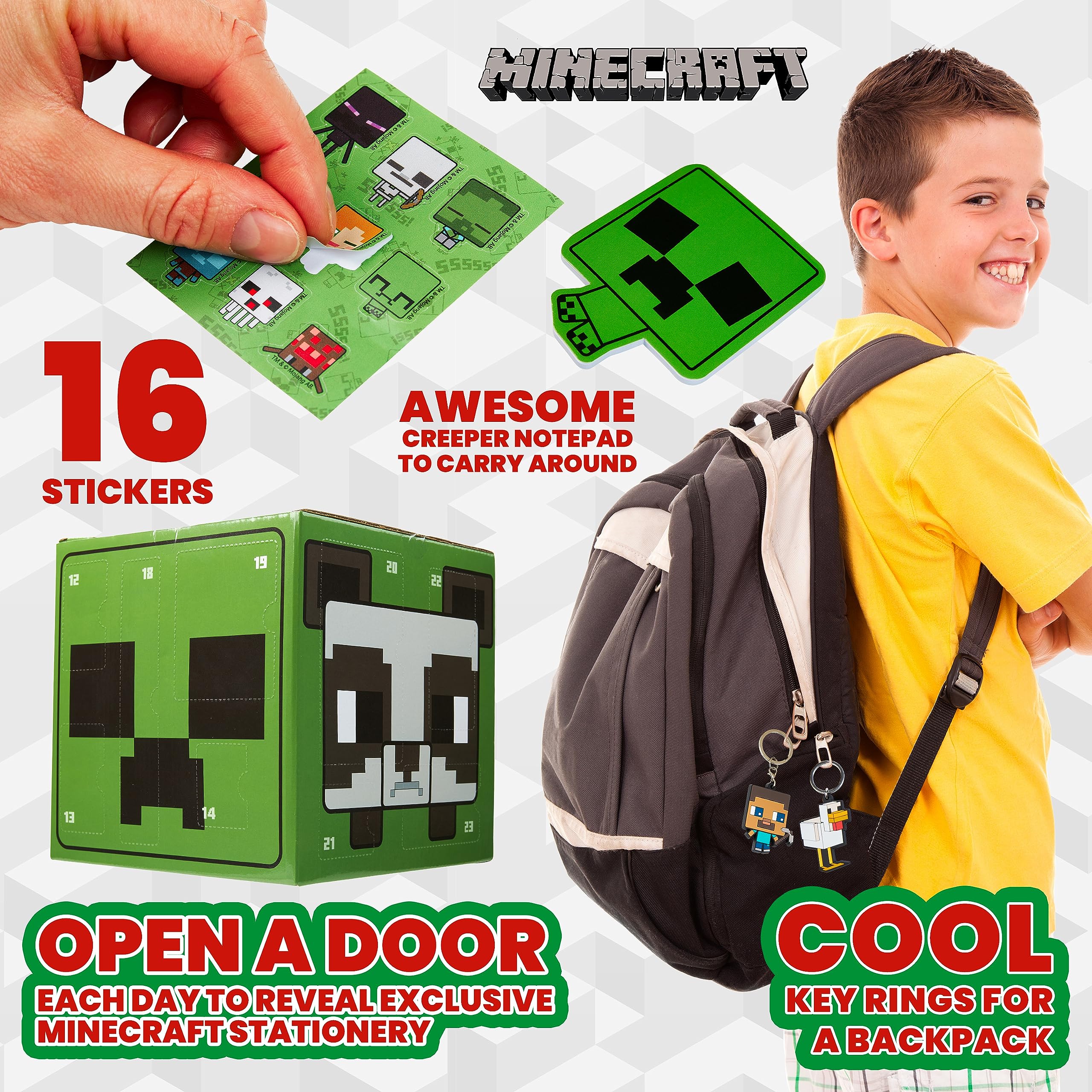 Minecraft calendar beside action figure showing size comparison and gifting benefit