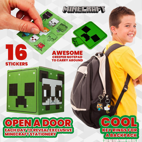 Minecraft calendar beside action figure showing size comparison and gifting benefit