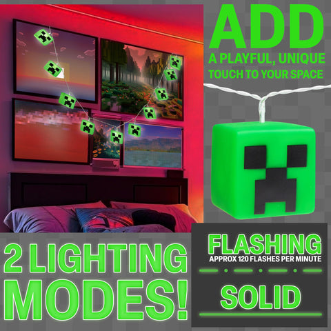 Minecraft string lights draped on shelf with collectibles adding themed accent