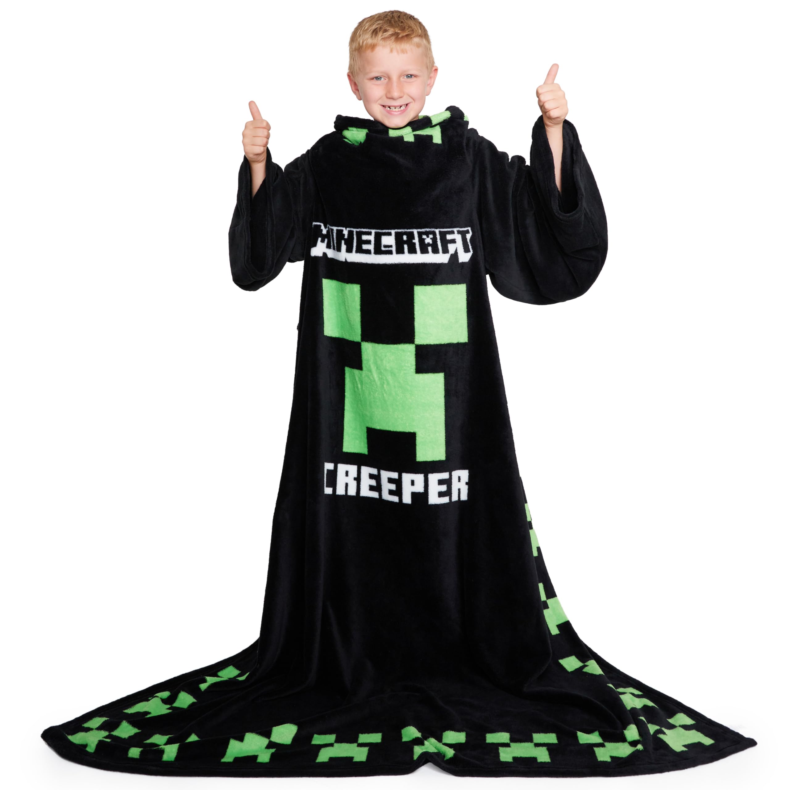 Minecraft wearable blanket front view showing design and cosy fit