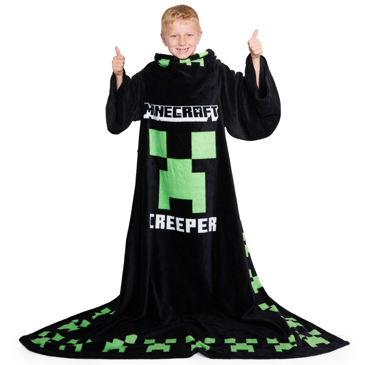 Minecraft wearable blanket front view showing design and cosy fit