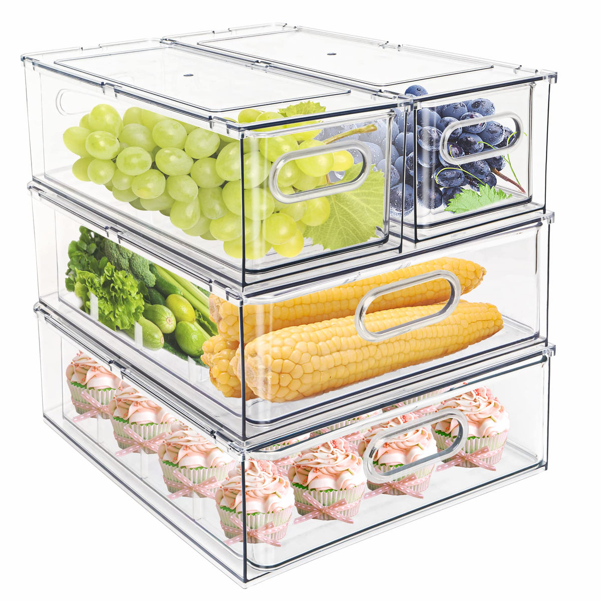 MineSign front view of four clear stackable drawers showing compact storage benefit