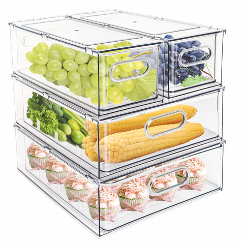 MineSign front view of four clear stackable drawers showing compact storage benefit