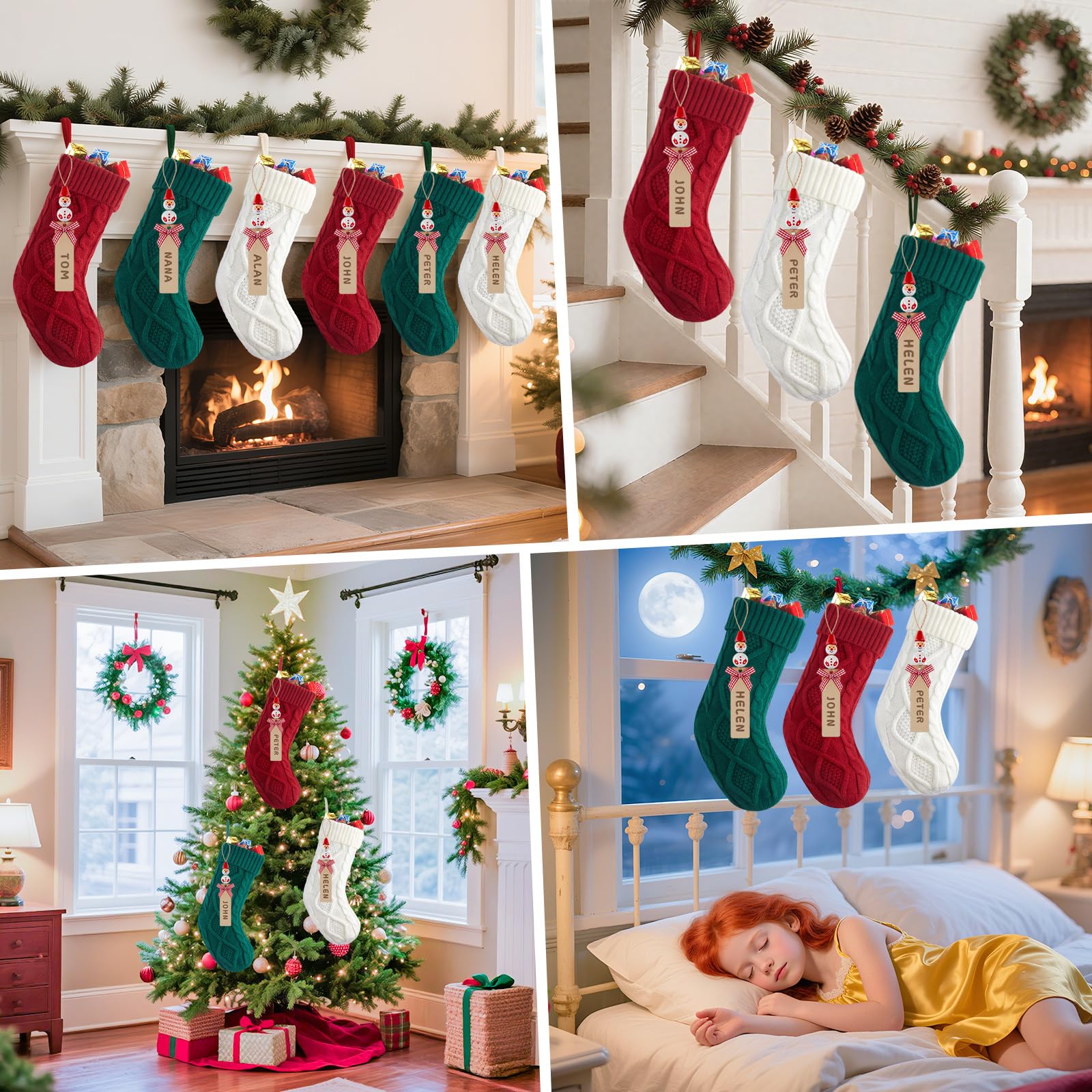 Minetom stockings on a mantel in a holiday scene creating warm seasonal ambiance