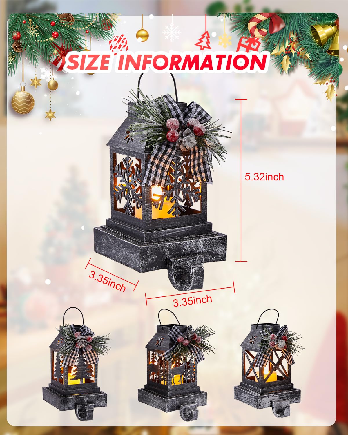 Minetom hung on mantel with stockings showing secure hold and festive benefit