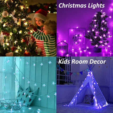 Minetom star lights draped over loft bed creating cozy colored ambiance