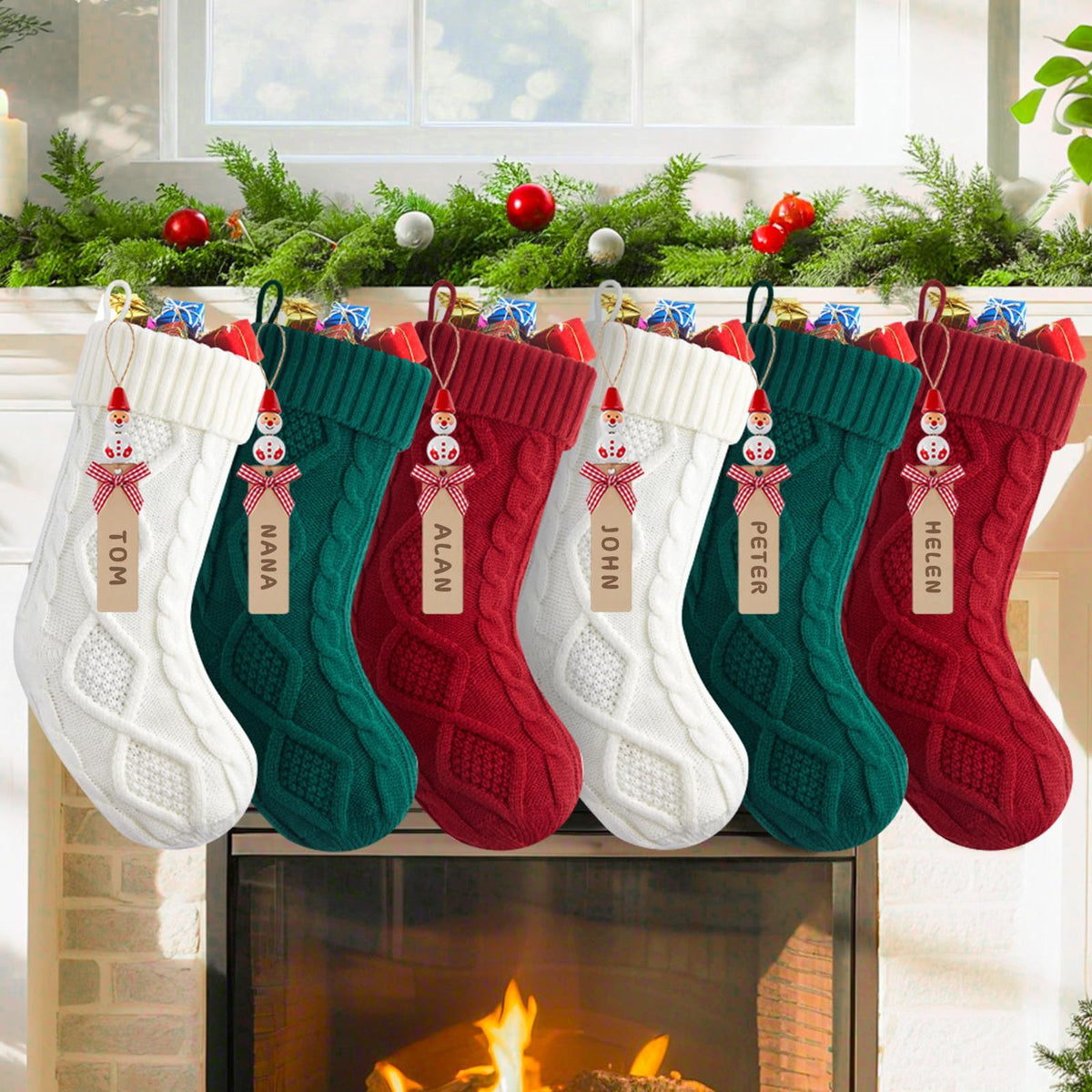 Minetom stockings front view showing set of six, adds festive coordinated decor
