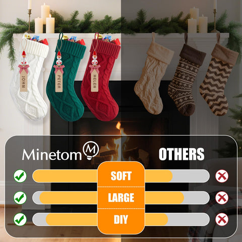 Minetom stockings hanging on a fireplace demonstrating easy display and sturdy loop