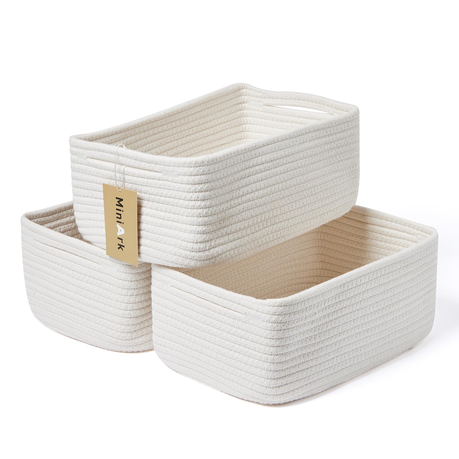 MiniArk front-facing three baskets on shelf showing neat organization and neutral style