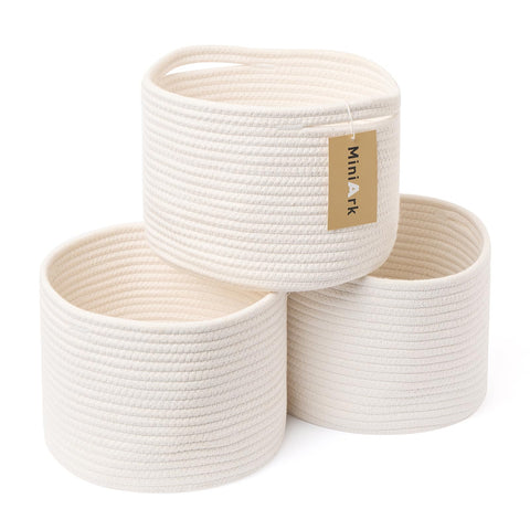 MiniArk front view of three off white woven baskets showing neat styling and storage benefit