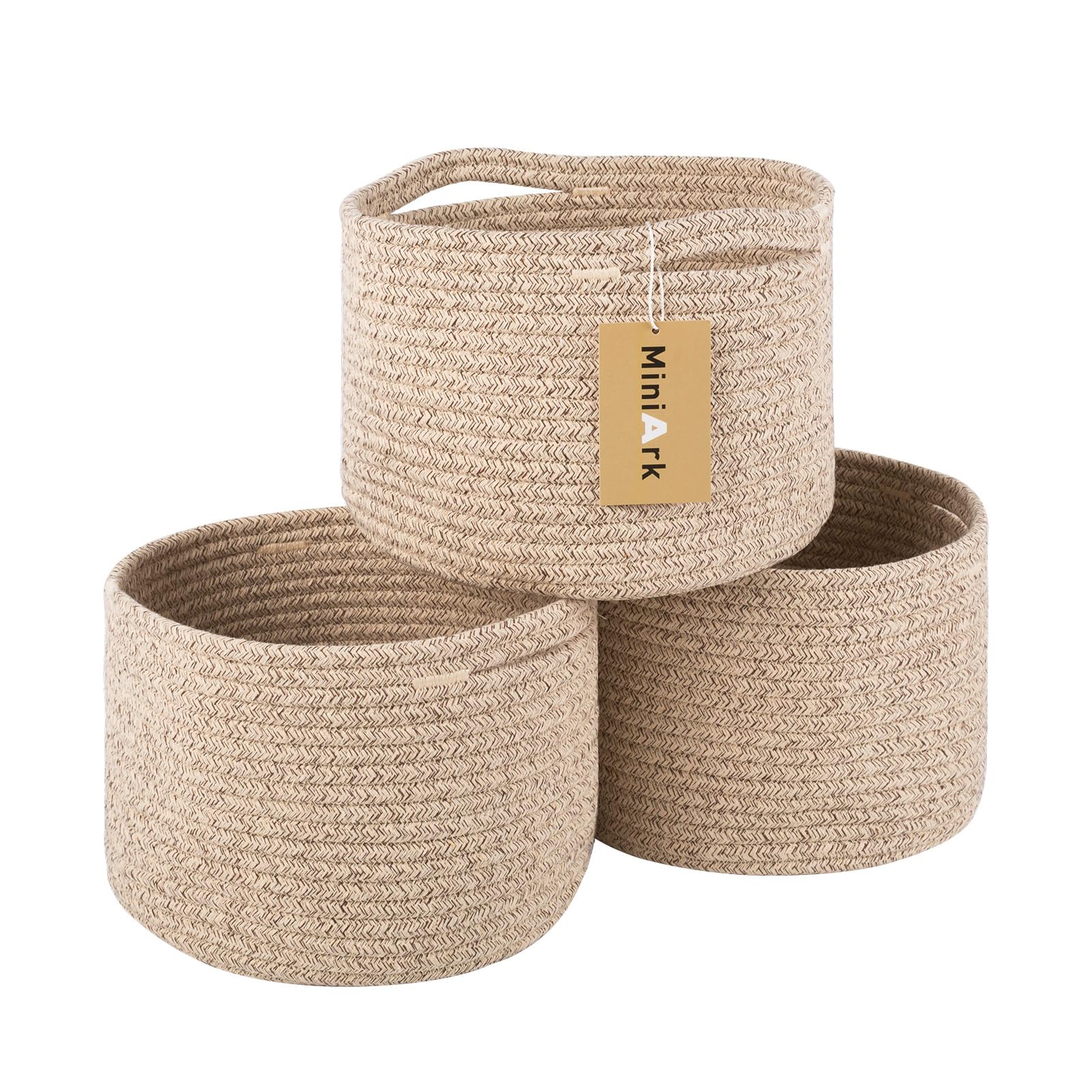 MiniArk front view showing three mixed-brown baskets, tidy storage benefit