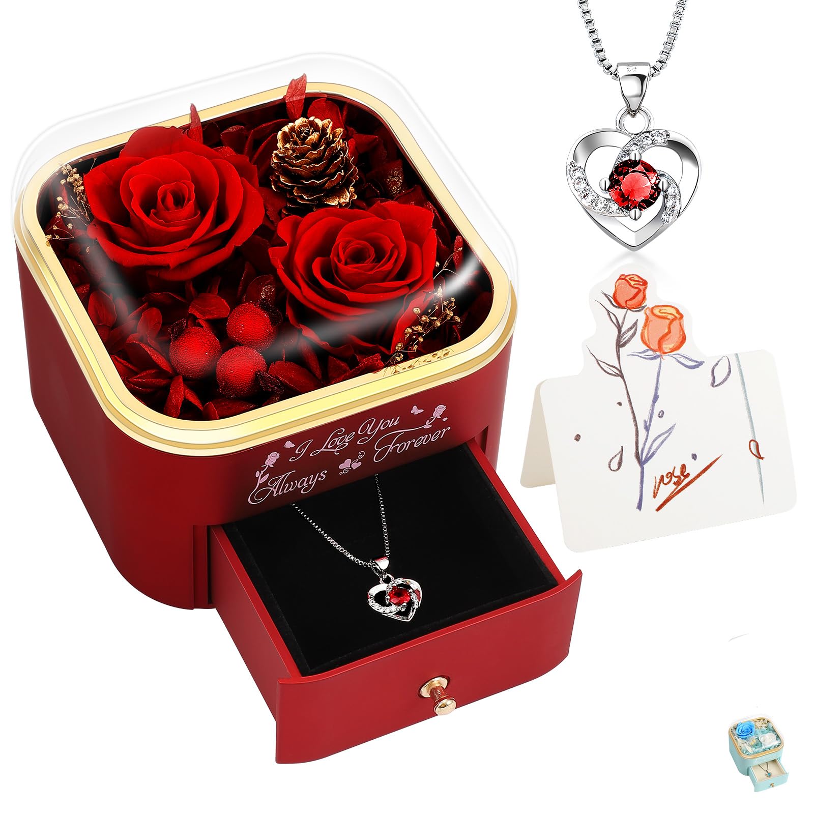 minstely front view of rose jewelry box showing printed love message and gift-ready look