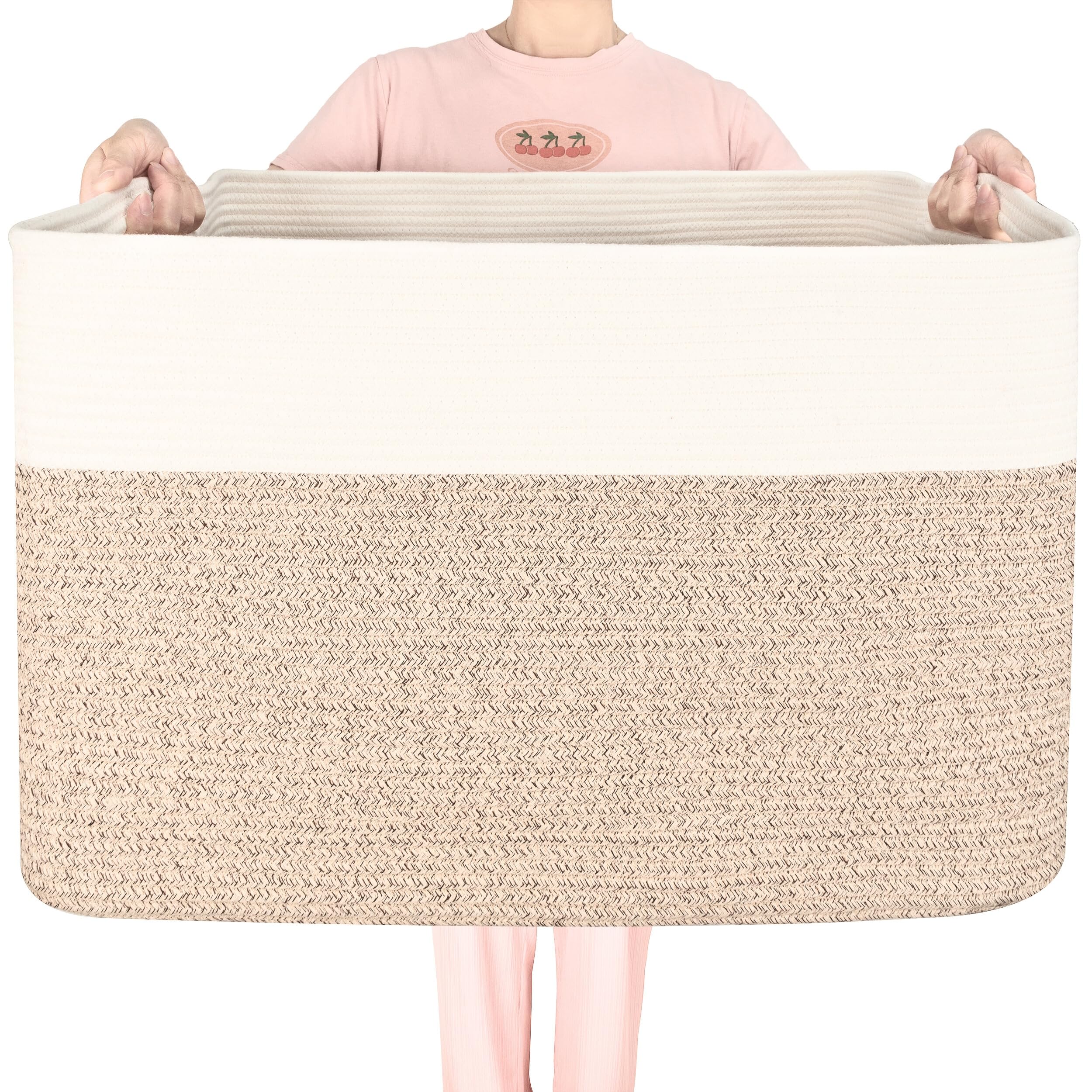 MINTWOOD Design front view of large blanket basket showing roomy capacity and neutral style