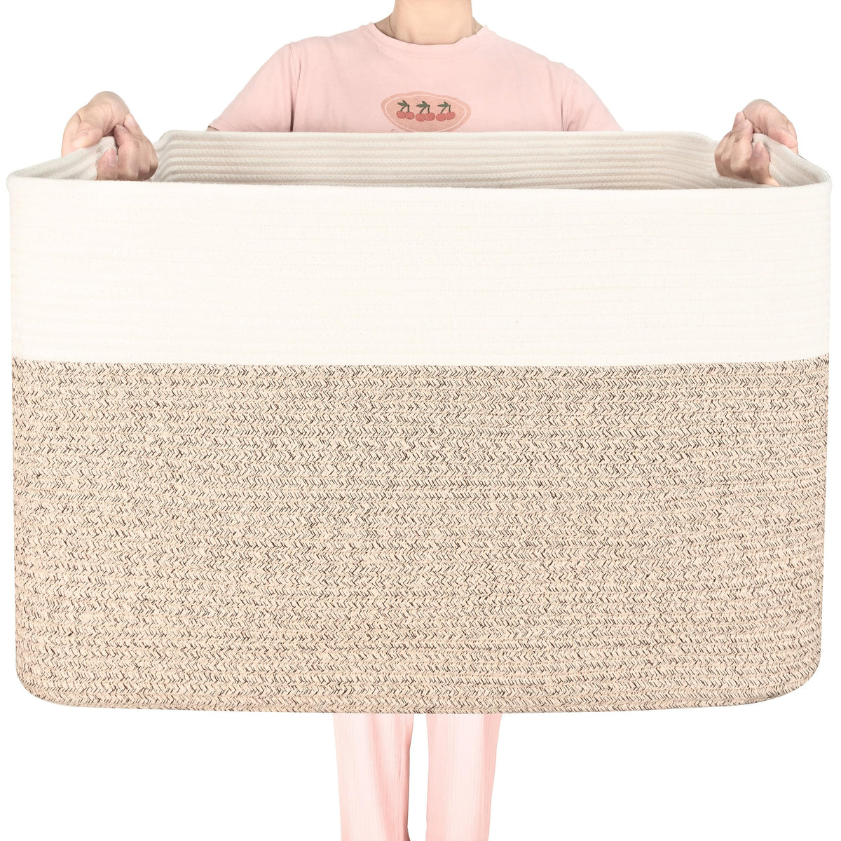 MINTWOOD Design front view of large blanket basket showing roomy capacity and neutral style