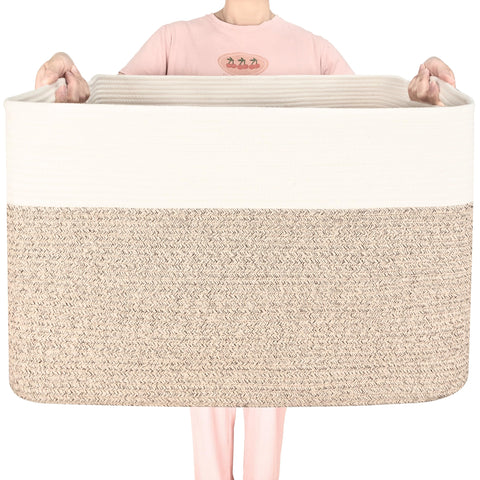 MINTWOOD Design front view of large blanket basket showing roomy capacity and neutral style