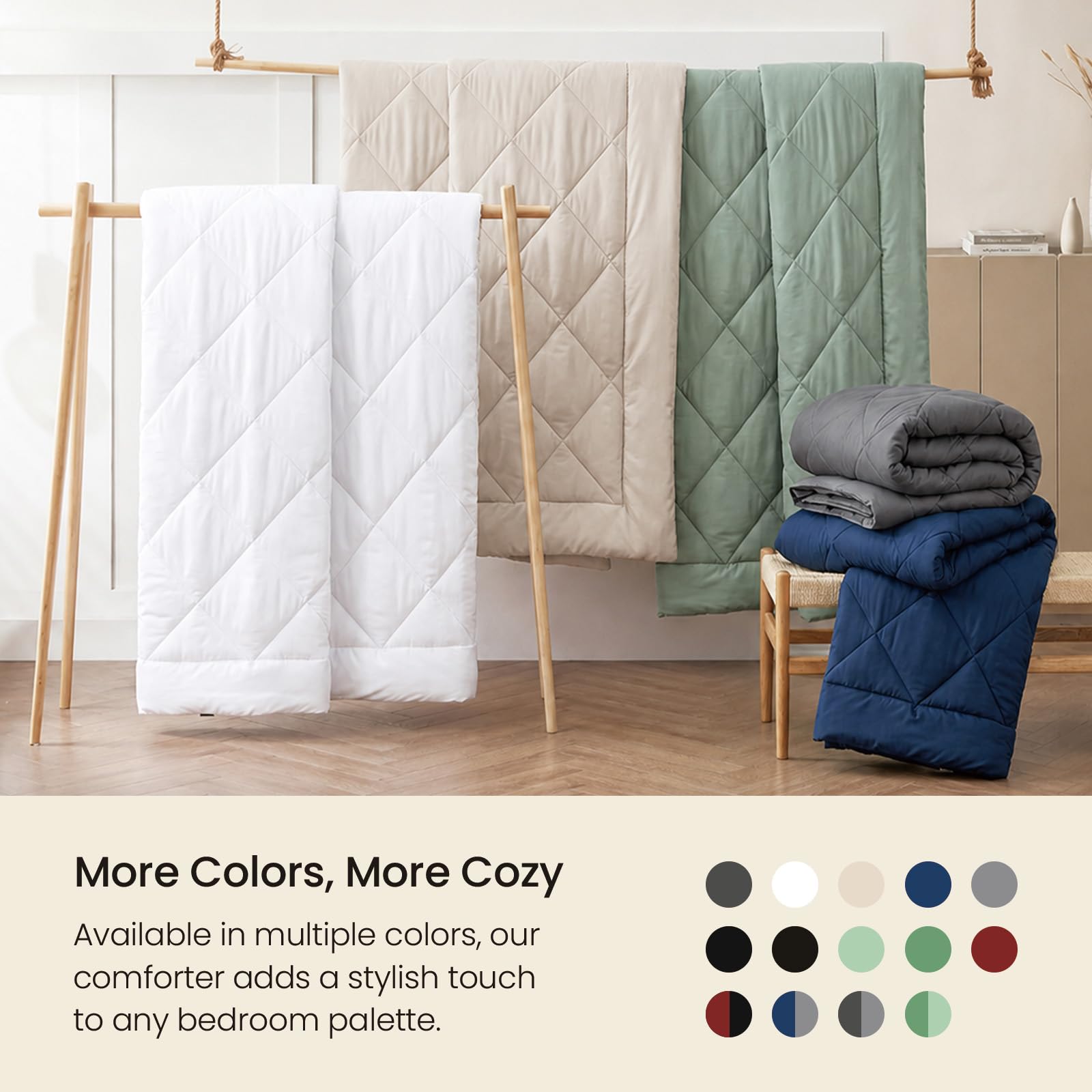 MIOTO comforter on bed lifestyle shot showing ample drape and stylish bedroom look
