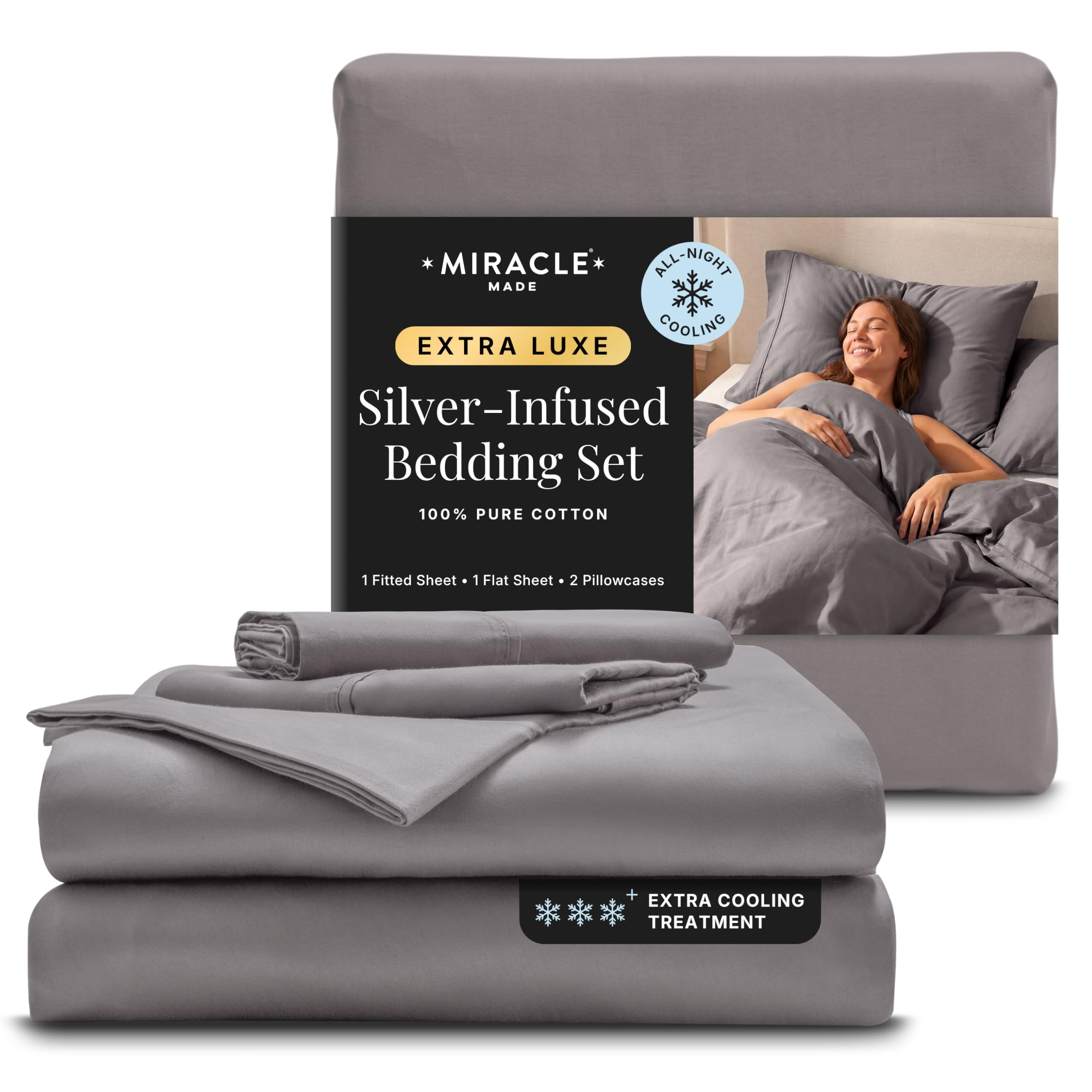 Miracle Made front view of king sheet set showing neat packaging and cool look