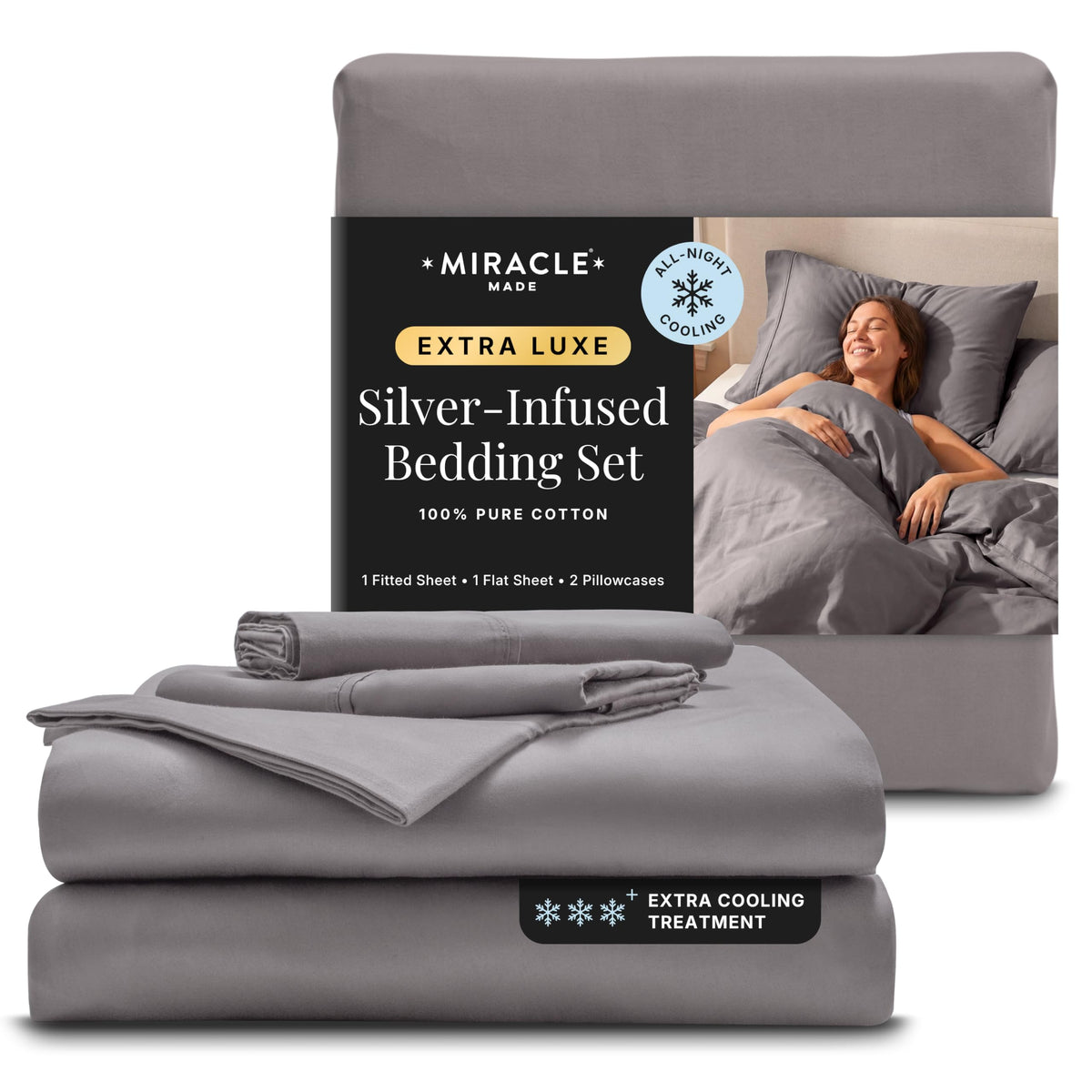 Miracle Made front view of king sheet set showing neat packaging and cool look