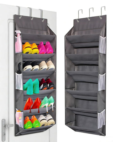 Miracsnail front view of hanging shoe organizer showing neat storage benefits