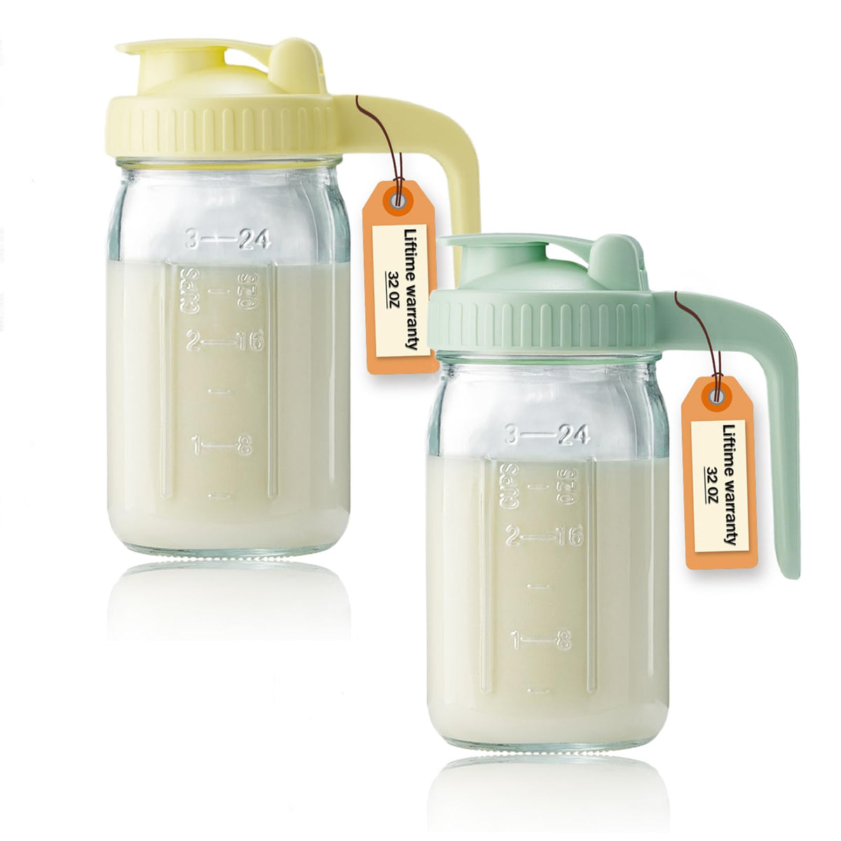 Miradexic front view of 32oz glass pitcher showing classic mason style and versatility