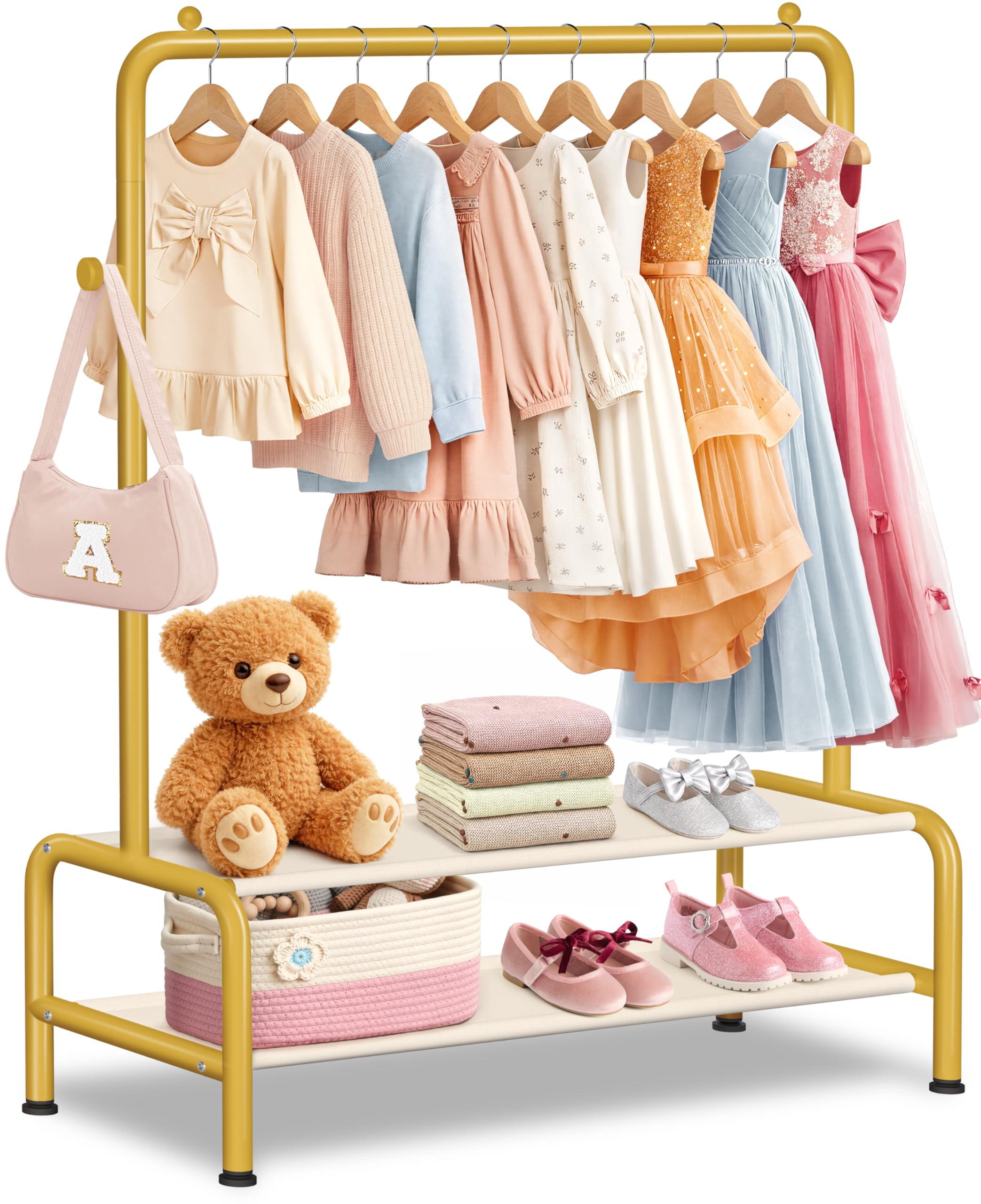 mirolam front view of kids gold clothing rack shows tidy hanging space and style