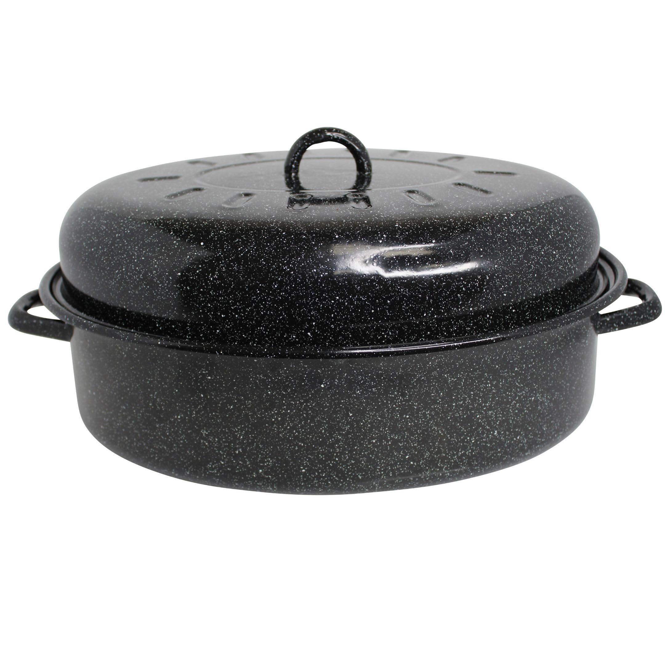 Mirro 18-inch roaster front view showing black-speckled finish and capacity benefit