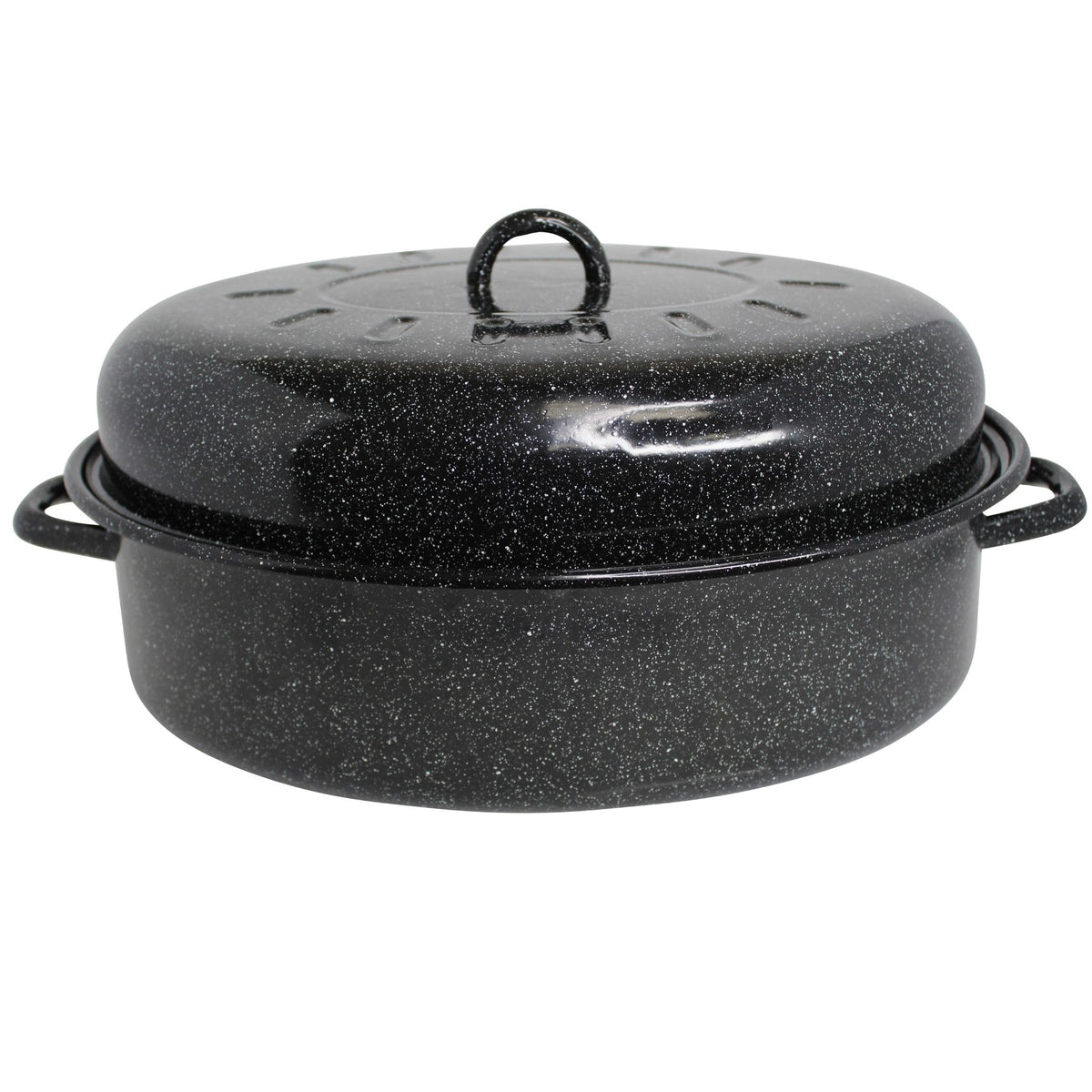 Mirro 18-inch roaster front view showing black-speckled finish and capacity benefit