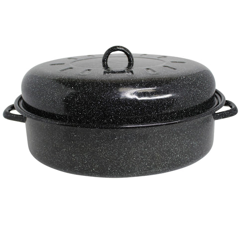 Mirro 18-inch roaster front view showing black-speckled finish and capacity benefit