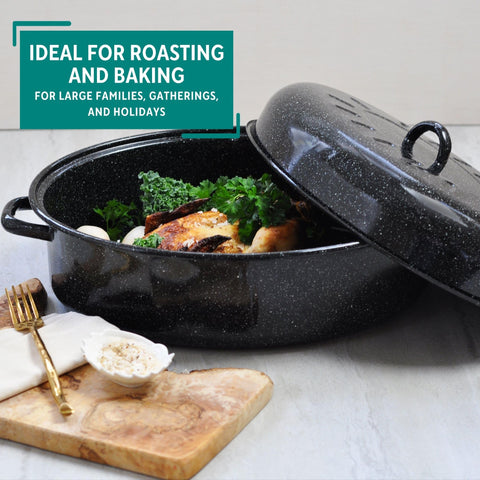 Mirro roaster with rack and lid removed to show versatile cooking options